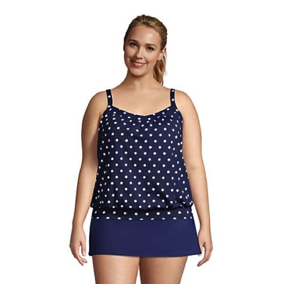 Land’s End Plus Regular size blouson tankini top navy white polka dot Various - Picture 1 of 5